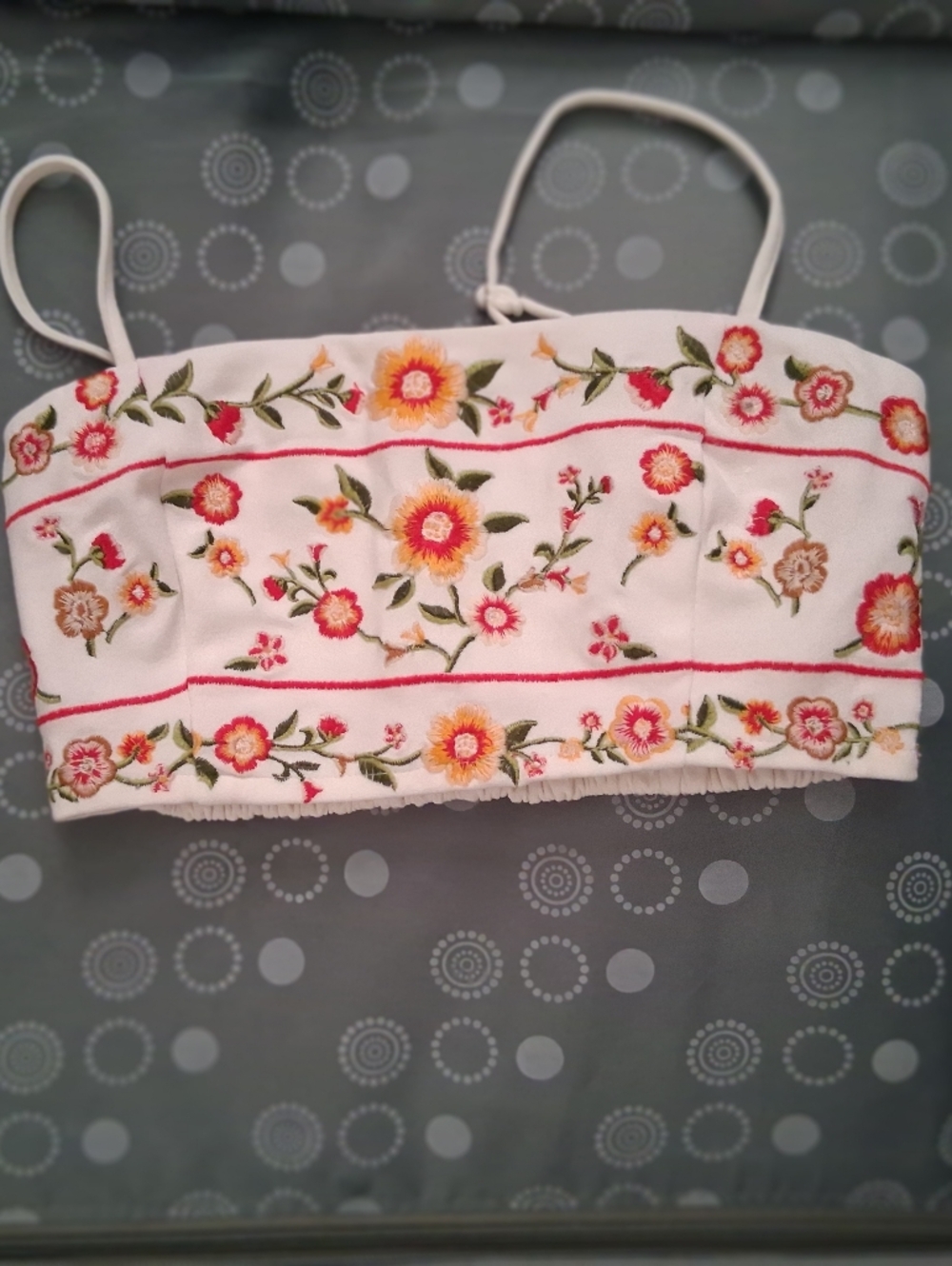 White Floral Embroidered Strapless Top